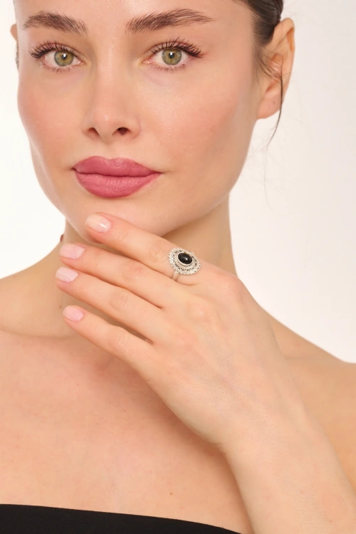 Kiraz Black Stoned Silver Plated Ring