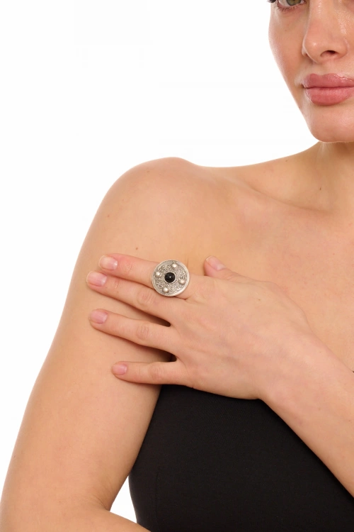 Kiraz Black Stoned Silver Plated Ring