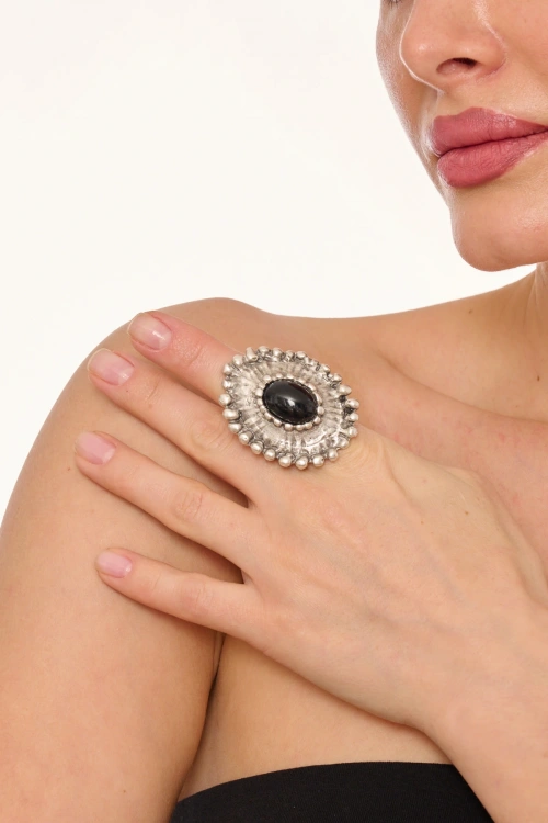 Kiraz Black Stoned Silver Plated Ring