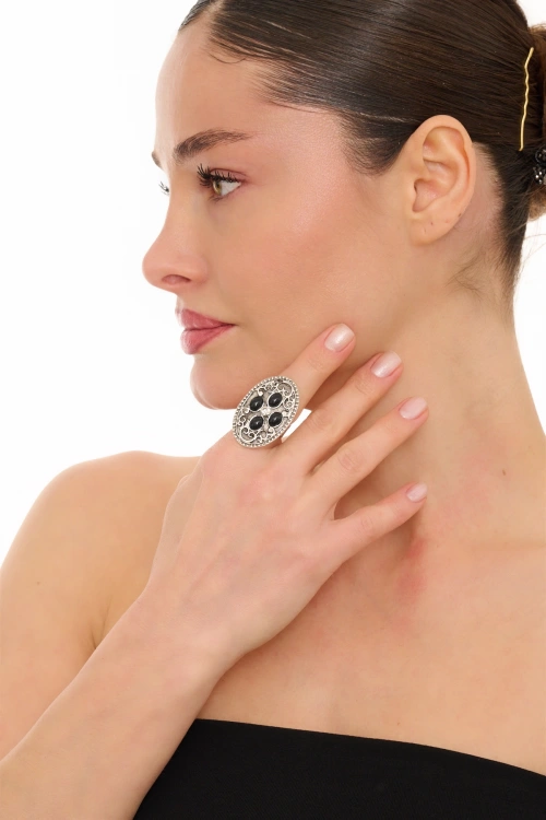 Kiraz Black Stoned Silver Plated Ring