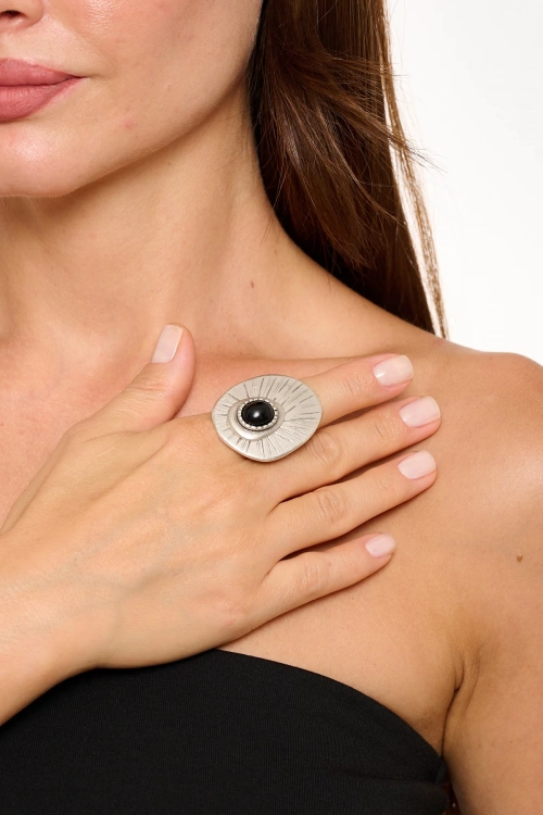 Kiraz Black Stoned Silver Plated Ring