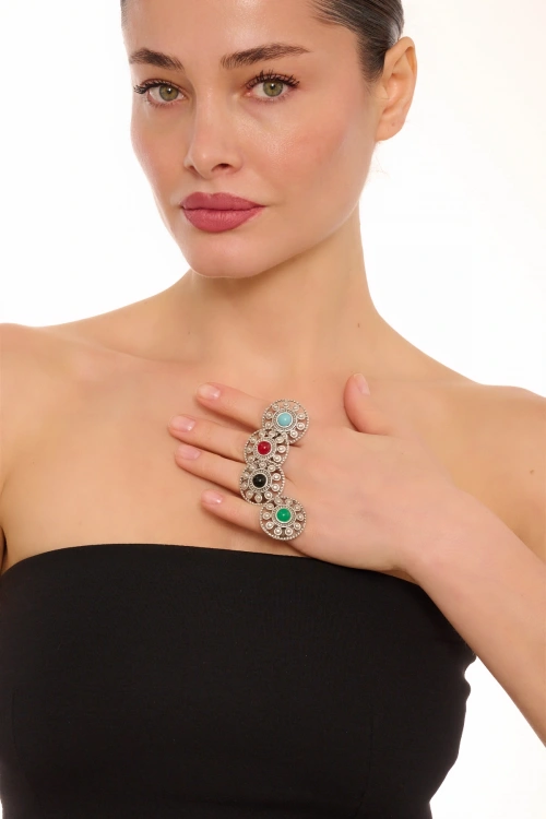 Kiraz Black Stoned Silver Plated Ring