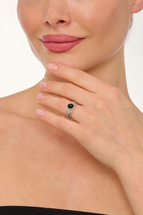 Kiraz Black Stoned Silver Plated Ring