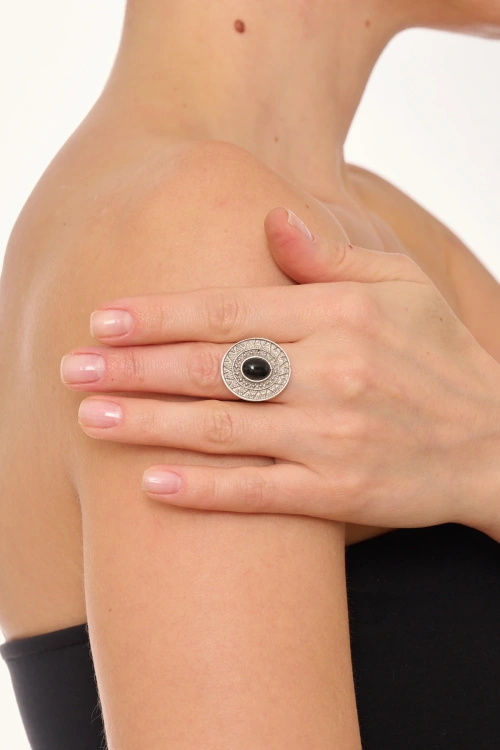 Kiraz Black Stoned Silver Plated Ring