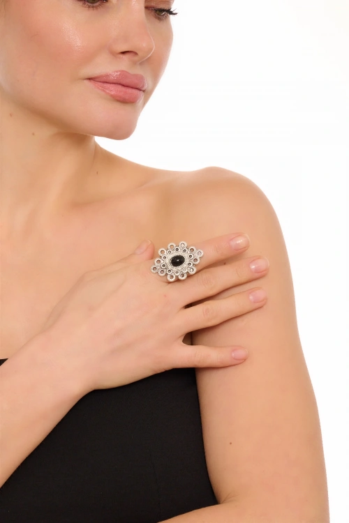 Kiraz Black Stoned Silver Plated Ring