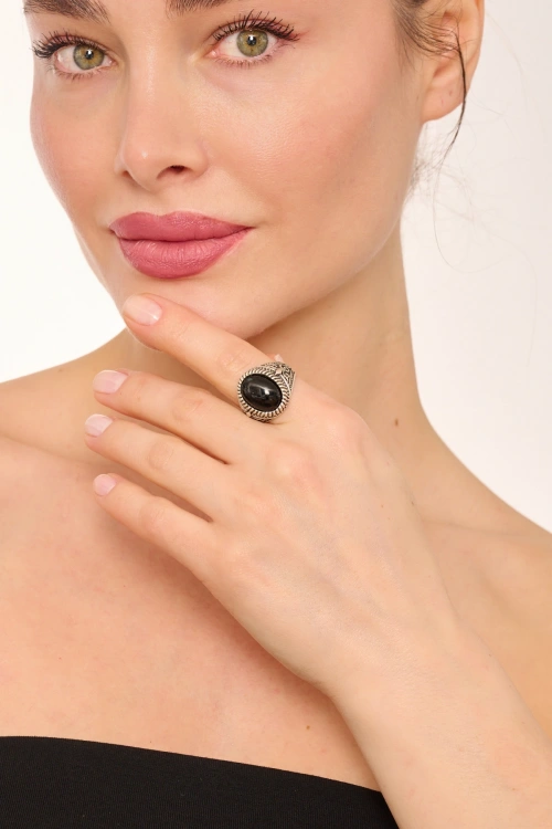 Kiraz Black Stoned Silver Plated Ring