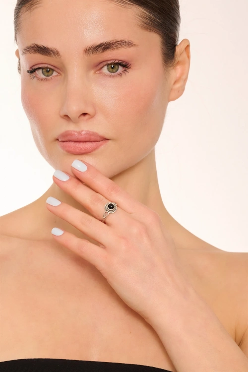 Kiraz Black Stoned Silver Plated Ring