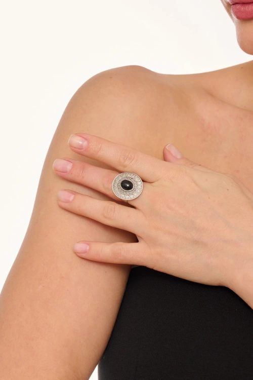 Kiraz Black Stoned Silver Plated Ring