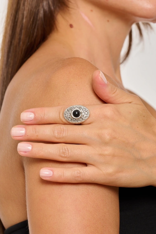 Kiraz Black Stoned Silver Plated Ring