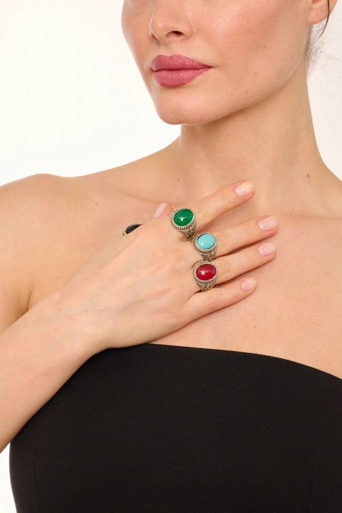 Kiraz Black Stoned Silver Plated Ring