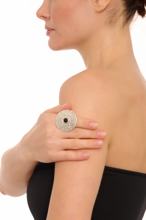 Kiraz Black Stoned Silver Plated Ring