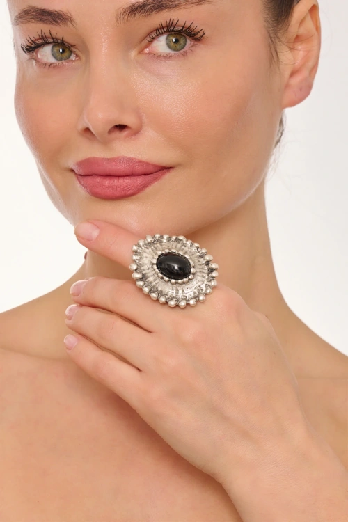 Kiraz Black Stoned Silver Plated Ring
