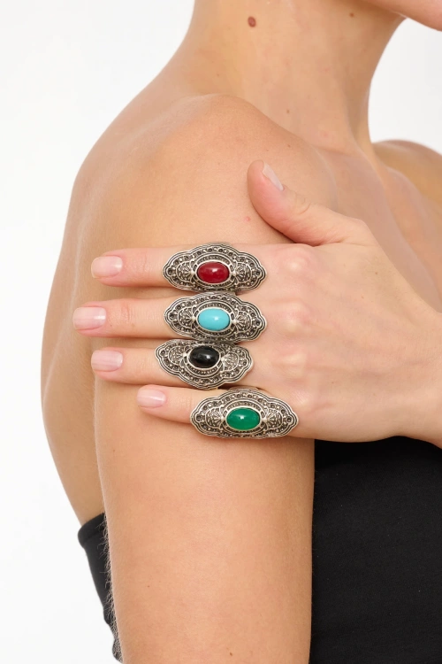 Kiraz Black Stoned Silver Plated Ring