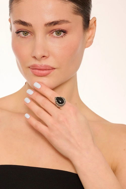 Kiraz Black Stoned Silver Plated Ring