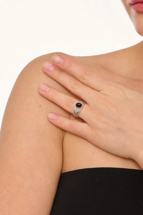 Kiraz Black Stoned Silver Plated Ring