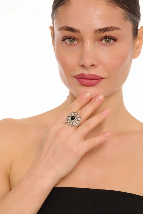 Kiraz Black Stoned Silver Plated Ring