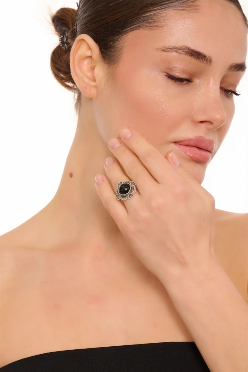 Kiraz Black Stoned Silver Plated Ring