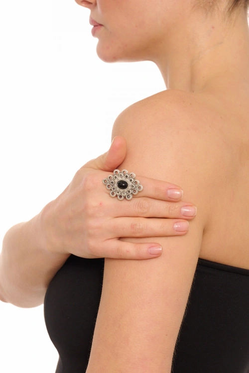 Kiraz Black Stoned Silver Plated Ring