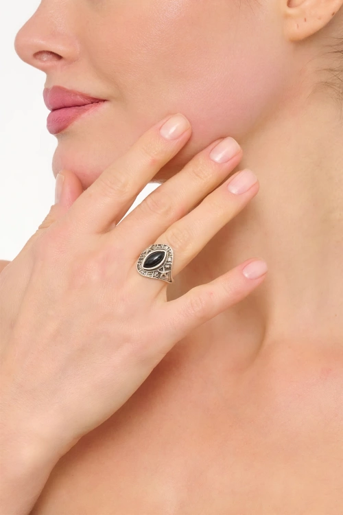 Kiraz Black Stoned Silver Plated Ring