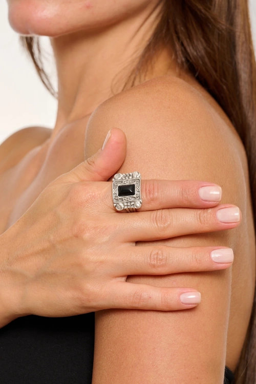 Kiraz Black Stoned Silver Plated Ring