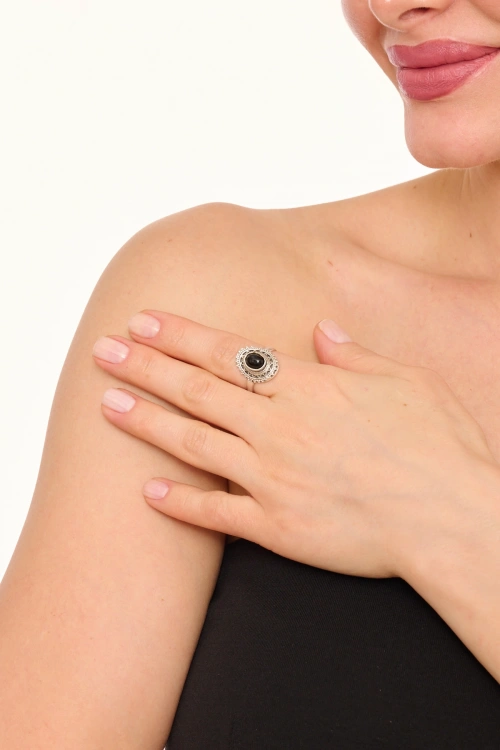 Kiraz Black Stoned Silver Plated Ring