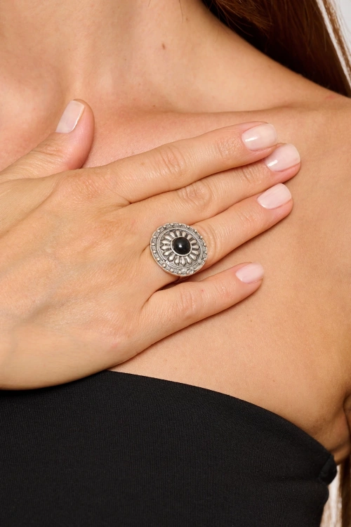 Kiraz Black Stoned Silver Plated Ring