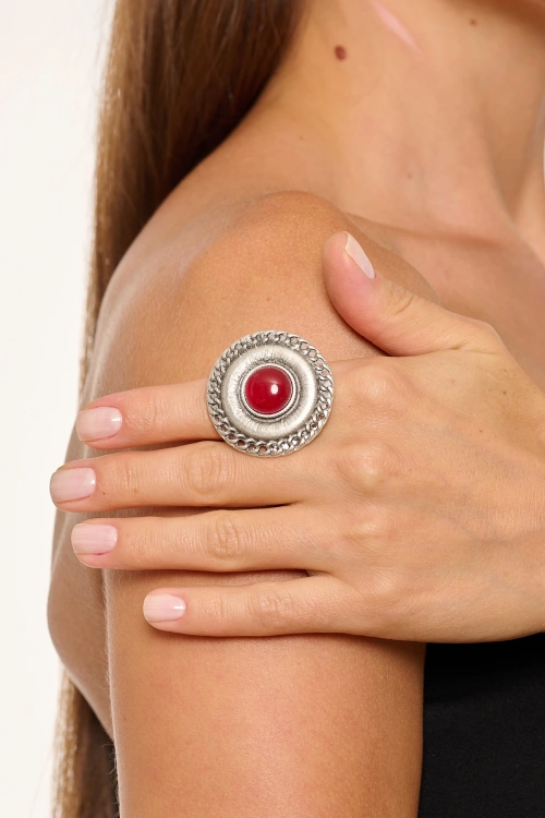 Kiraz Burgundy Stoned Silver Plated Ring