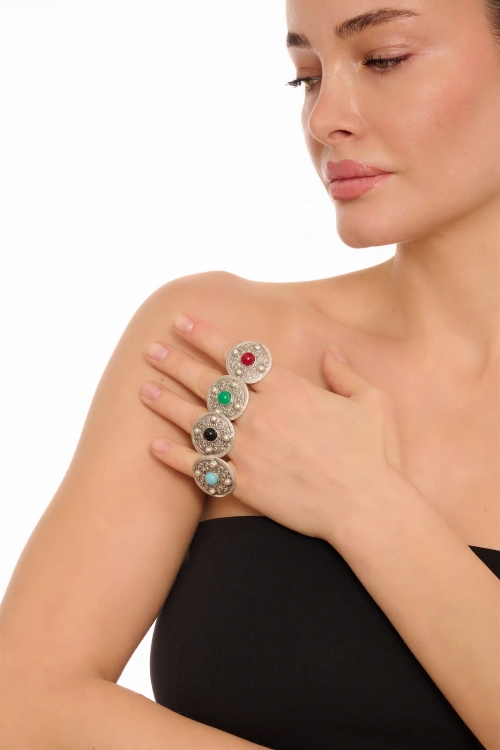 Kiraz Black Stoned Silver Plated Ring