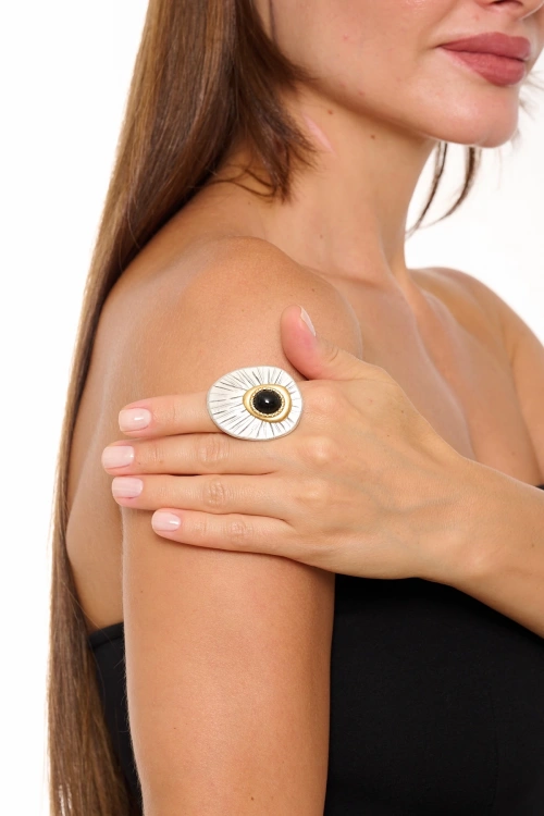 Kiraz Black Stoned Silver Plated Ring