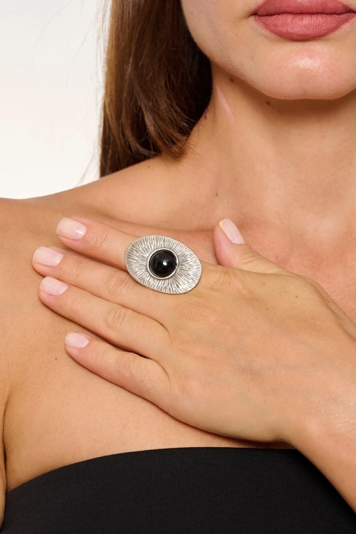 Kiraz Black Stoned Silver Plated Ring