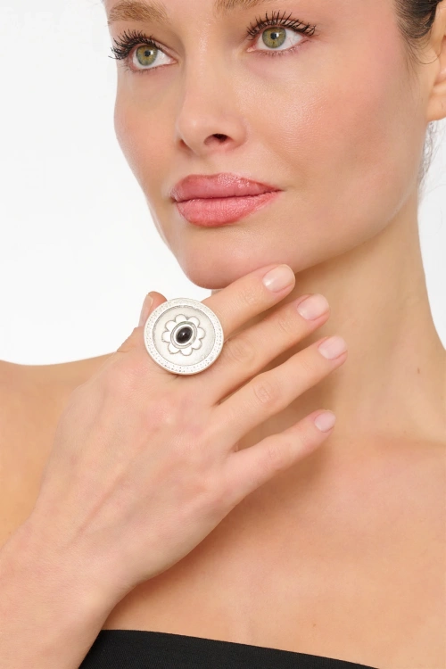 Kiraz Black Stoned Silver Plated Ring