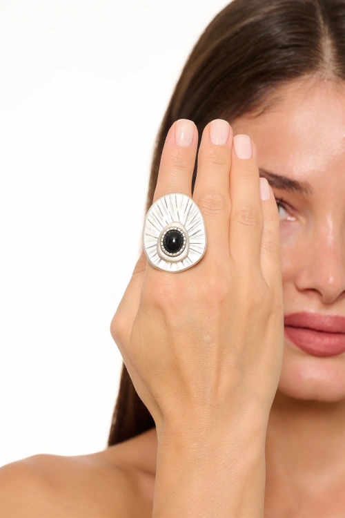Kiraz Black Stoned Silver Plated Ring