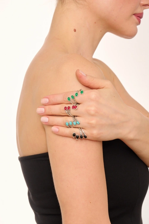 Kiraz Black Stoned Silver Plated Ring