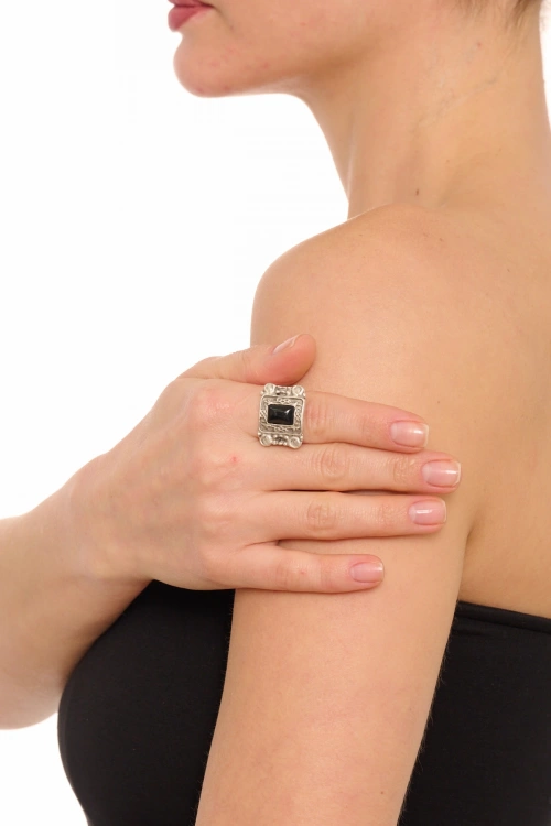 Kiraz Black Stoned Silver Plated Ring