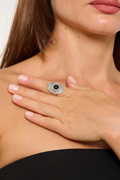 Kiraz Black Stoned Silver Plated Ring