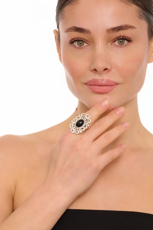 Kiraz Black Stoned Silver Plated Ring