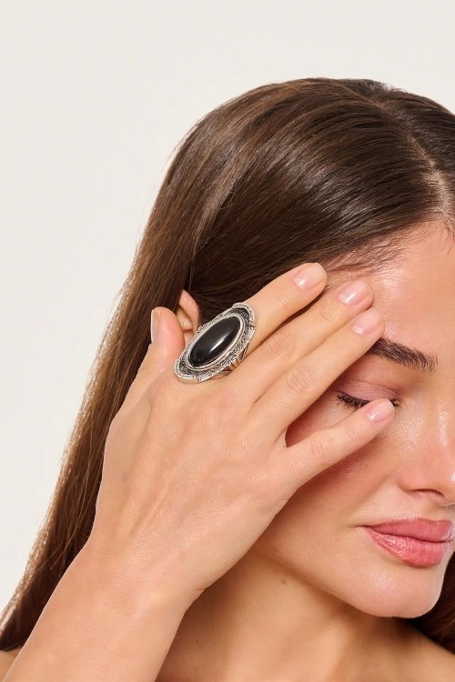 Kiraz Black Stoned Silver Plated Ring