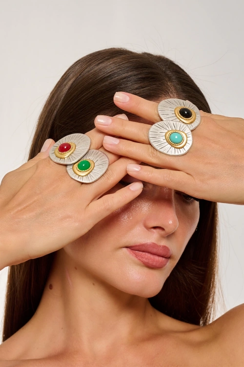 Kiraz Black Stoned Silver Plated Ring