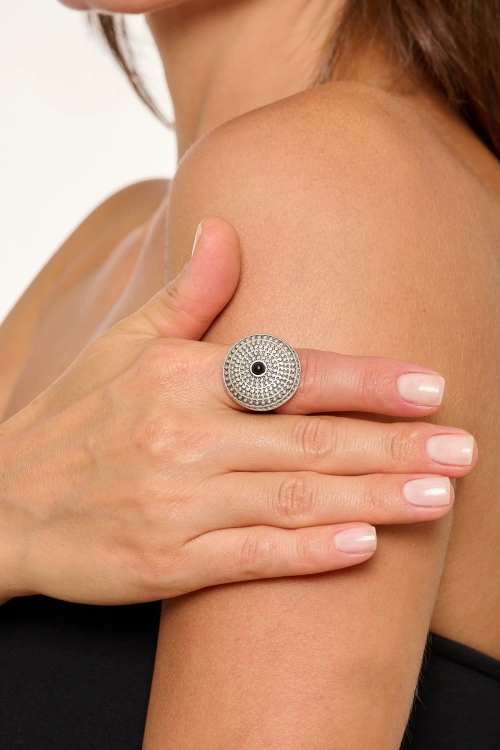 Kiraz Black Stoned Silver Plated Ring