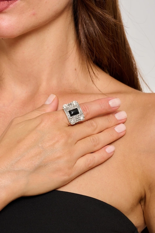 Kiraz Black Stoned Silver Plated Ring