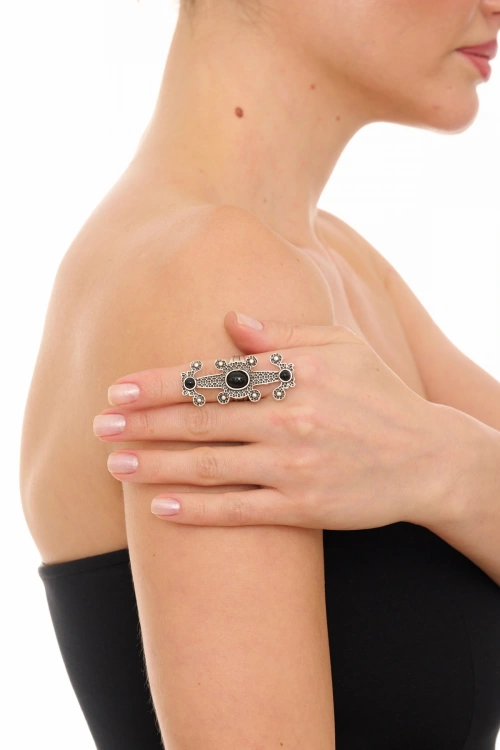 Kiraz Black Stoned Silver Plated Ring