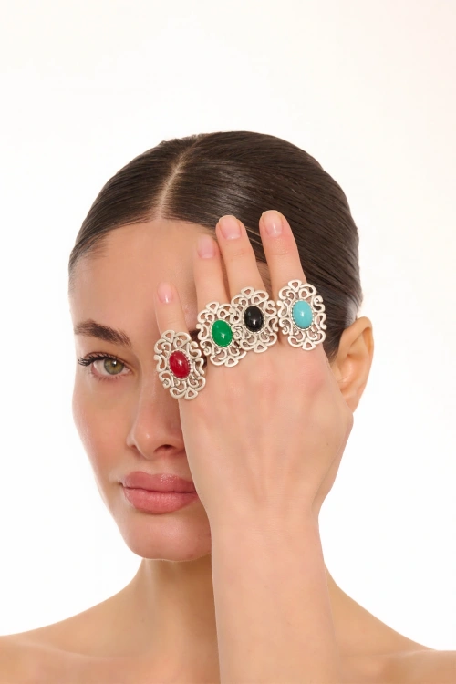 Kiraz Black Stoned Silver Plated Ring