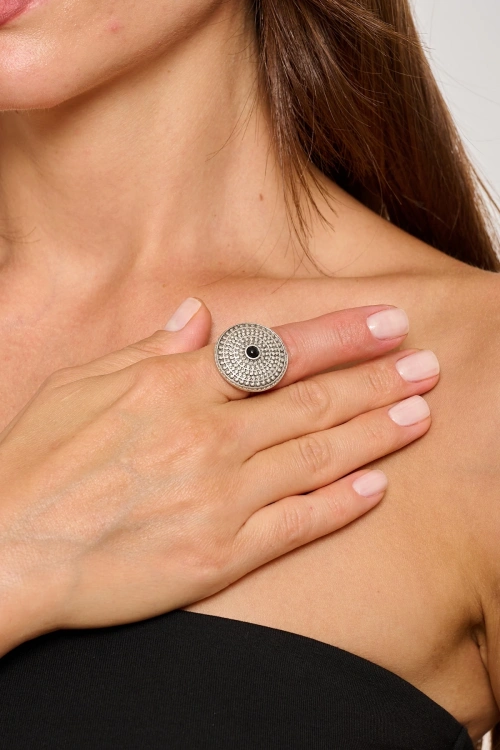 Kiraz Black Stoned Silver Plated Ring