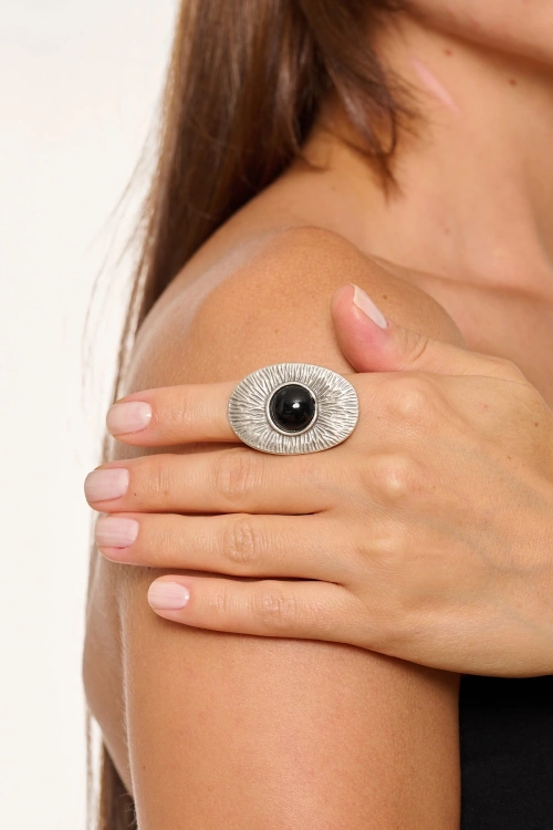 Kiraz Black Stoned Silver Plated Ring