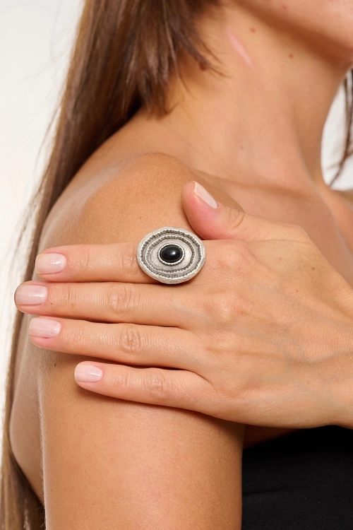 Kiraz Black Stoned Silver Plated Ring