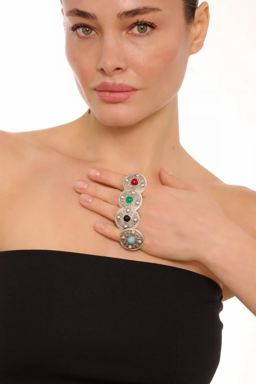 Kiraz Black Stoned Silver Plated Ring