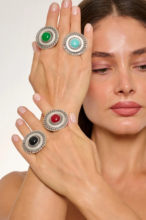 Kiraz Burgundy Stoned Silver Plated Ring