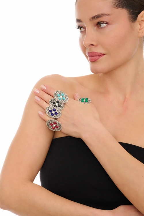 Kiraz Black Stoned Silver Plated Ring