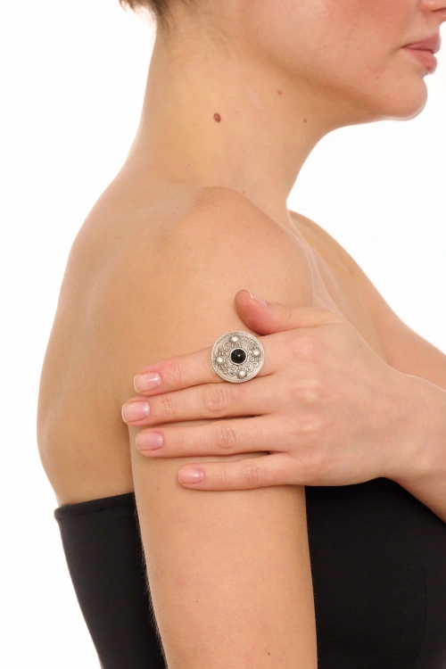 Kiraz Black Stoned Silver Plated Ring