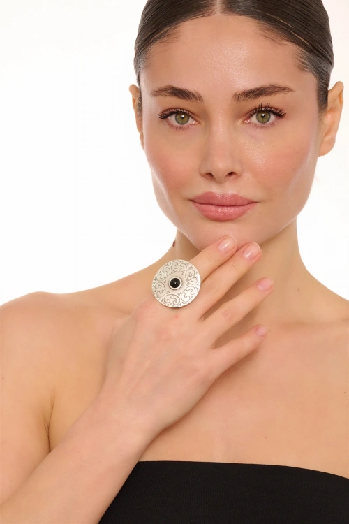 Kiraz Black Stoned Silver Plated Ring